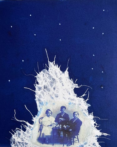 monoprint of three children with dark blue sky