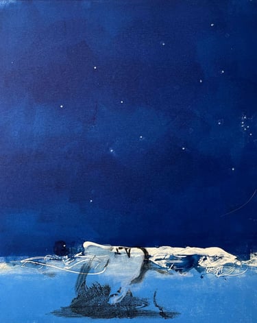 monoprint of woman with dark blue sky
