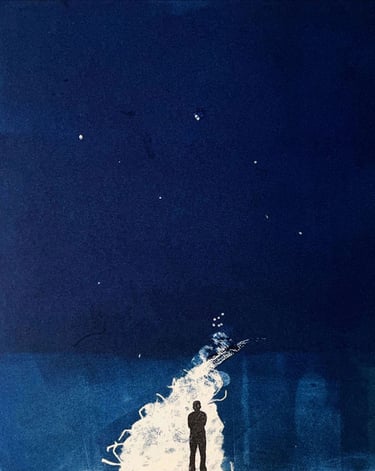 monoprint of lone figure with dark blue sky