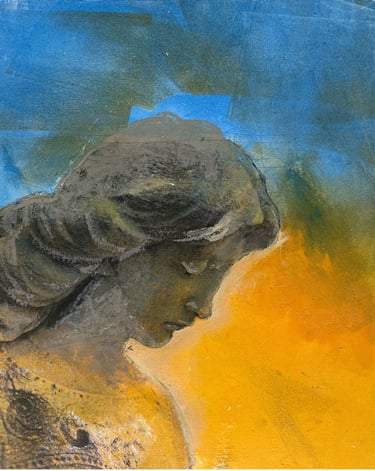 monoprint of mourning angel against color backround