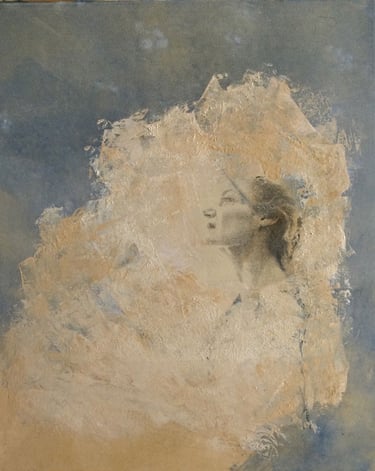 monoprint of woman looking up