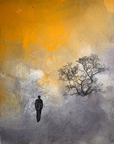monoprint of lone figure and bare tree