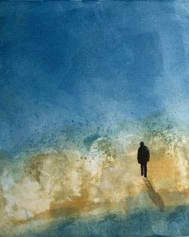 monoprint of lone figure on blue background