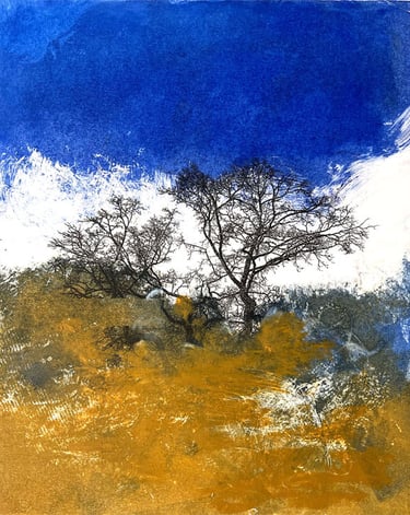 monoprint of trees with blue sky