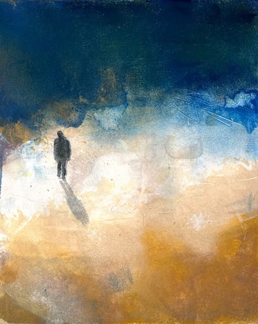 lone figure on coloured background monoprint