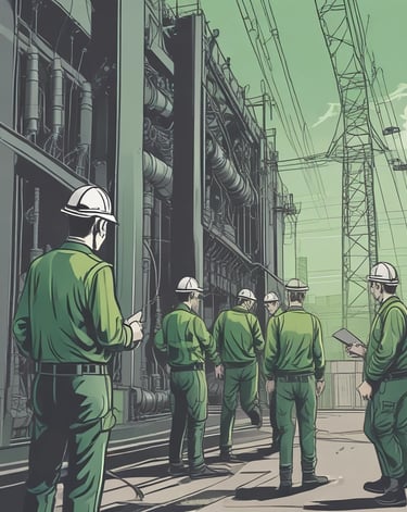 A sleek industrial transformer unit illuminated with steel-green lighting against a dark, textured background.