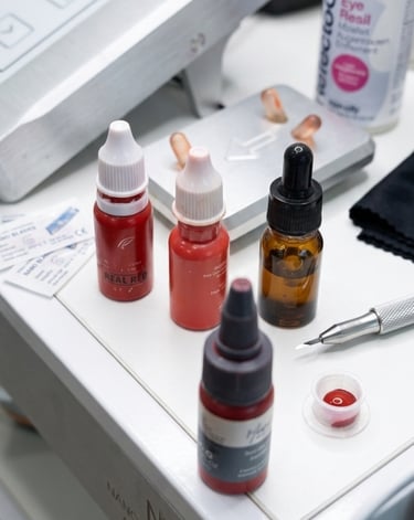 Permanent makeup microblading supplies including red pigment bottles and professional tattoo tools on a clinic workstation.