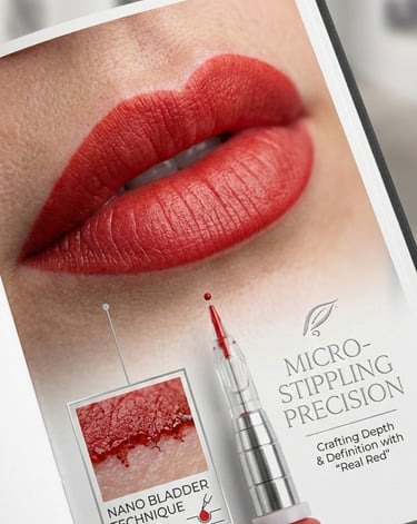 Permanent makeup micro-stippling technique for red lip blush using a precision tattoo needle.