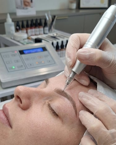 Professional technician performing eyebrow microblading on a client using a permanent makeup machine tool.