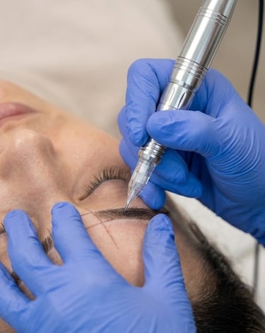 A professional technician performing microblading on eyebrows using a permanent makeup machine.
