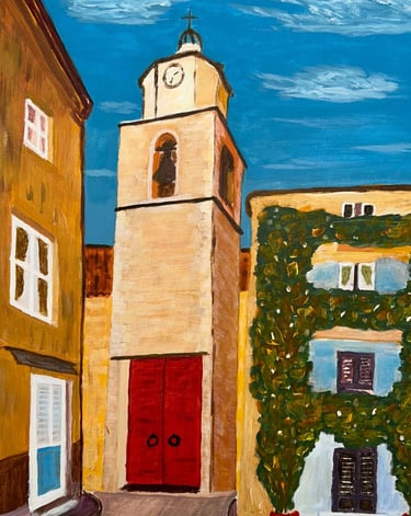 Original acrylic painting depicting the bell tower of Saint-Tropez with warm Provençal architecture 