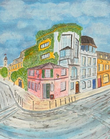 Original painting depicting the La Maison Rose building on a quiet Montmartre street corner.