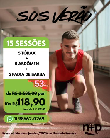 Promo SOS Verão 2026: depilação masculina tórax, abdômen e faixa de barba com 53% off.