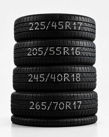 Professional display of popular tire sizes available at Fast Tire Shop including 225/45R17, 205/55R1