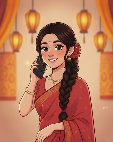 Beautiful South Asian woman in red saree and gold jewelry talking on smartphone; festive Indian fest
