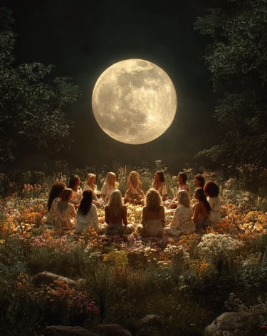 cercle de femmes rassemblées autour du feu au clair de pleine lune