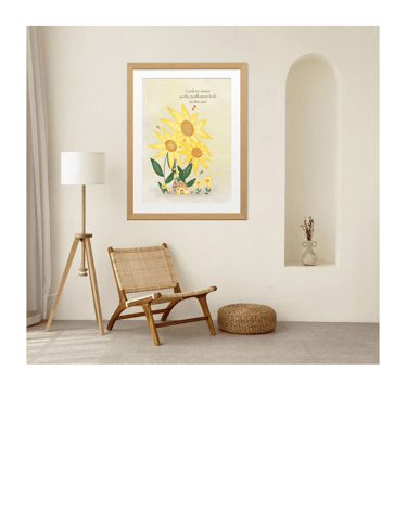 art print on whimsical sunflower, bees and cottage house illustration