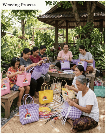 Women artisans weaving handmade plastic bags using traditional techniques at Craftvitas Indonesia