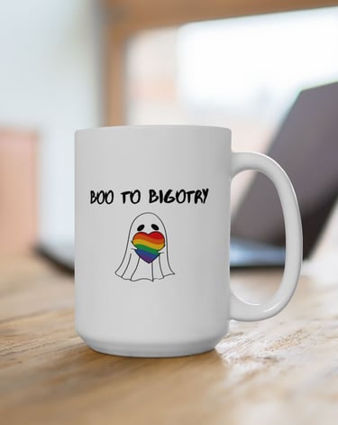 Boo to Bigotry pride coffee mug with rainbow heart design – inclusive fall drinkware
