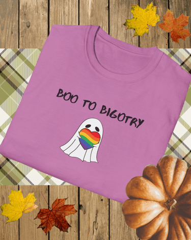 Boo to Bigotry Halloween pride graphic t-shirt with rainbow heart – inclusive fall fashion