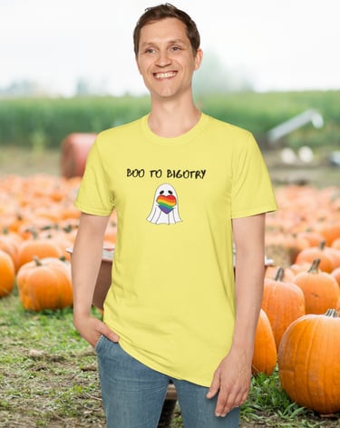 Boo to Bigotry Halloween pride graphic t-shirt with rainbow heart – inclusive fall fashion