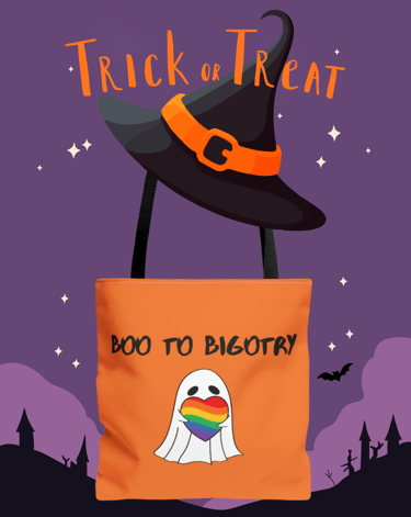 Boo to Bigotry pride tote bag with rainbow heart design – inclusive autumn accessory