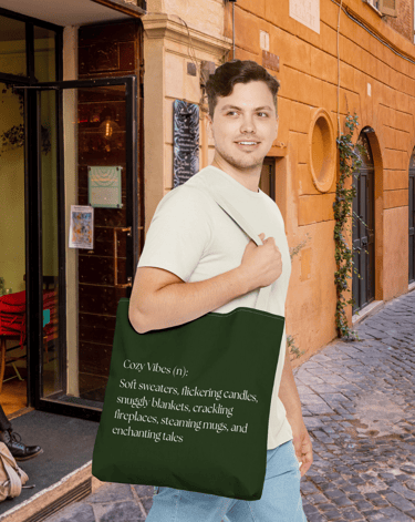 Cozy Vibes tote bag with definition-style design celebrating comfort and autumn vibes, eco-friendly 
