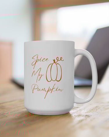 Spice My Pumpkin fall coffee mug with seasonal pumpkin design – cozy autumn drinkware