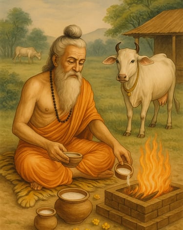"ऋषि यज्ञ में पंचगव्य का प्रयोग करते हुए – वैदिक दृश्य"