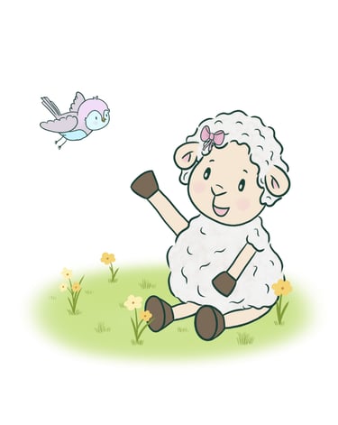 Adorable baby sheep illustration. Happy and comforting with purple bird as a friend