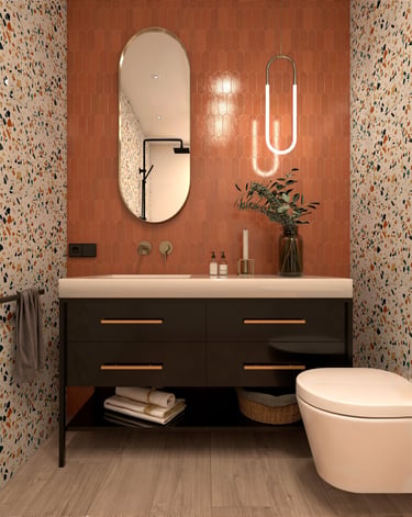 Modern bathroom with terracotta picket wall tiles, terrazzo wallpaper, and a black floating vanity.