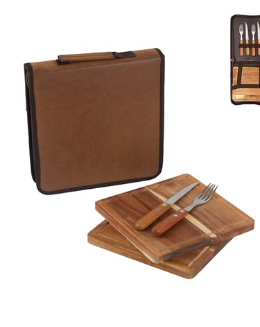 Portable wooden steak board set with cutlery and a brown faux leather storage case for travel.
