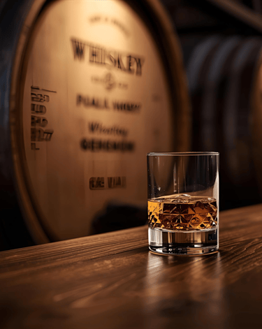 a glass of whiskey on a wooden table