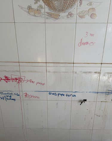 Before image of gas pipe installation in kitchen