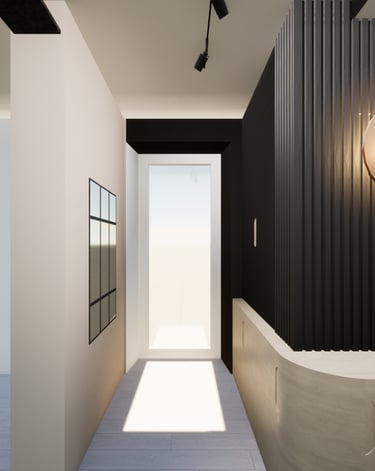 Image après transformation de l'espace d'entrée avec un mobilier sur mesure noir et bois