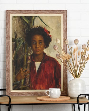 Girl with Sugarcane Portrait of Young Black Girl , Standing and Dressed In Red