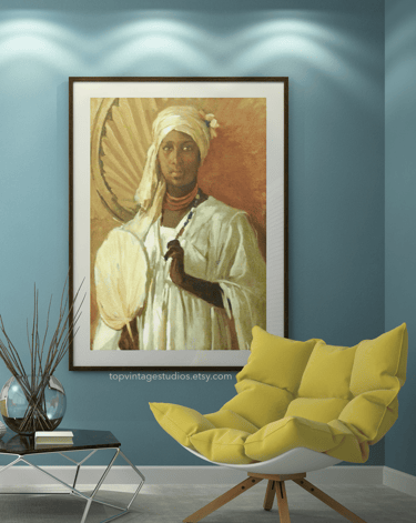 Black Ethiopian Woman Standing, Gaze Steady, In White Gown, Holding Fan and Umbrella