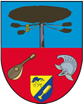 a coat of arms and a guitar on a red and blue background