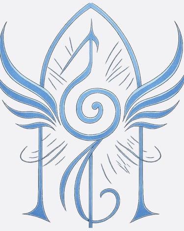 Light blue fantasy sigil featuring a central spiral, symmetrical wings, and elegant curved lines.