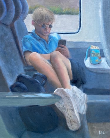 An original oil painting of a teenage boy on the train