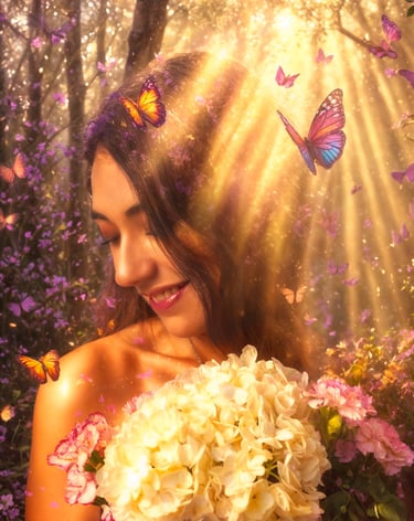 a woman in a dress with butterflies in the background
