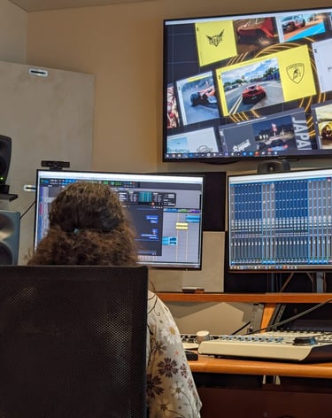 Federica mixing a trailer in Ubisoft Audio room