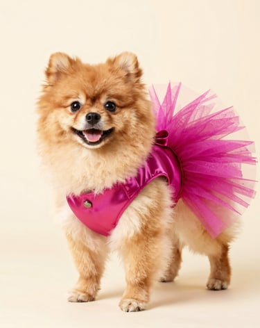 A cute small Pomeranian dog wearing a vibrant pink tutu dress and harness for pet fashion.