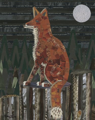 Mixed media paper collage of a red fox sitting in a dark forest under a full moon.