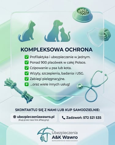 Ubezpieczenie psa i kota PetHelp. Pakiety weterynaryjne: szczepienia, USG, czipowanie. A&K Wawro Wrocław.