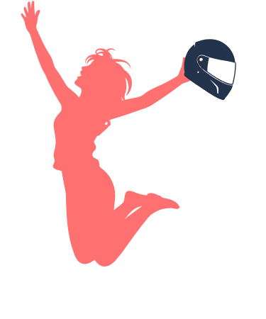 Frau-freudig-springend-mit-Motorradhelm-stilisiert-dirtblue-coral