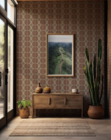 Terracotta and warm grey block print geometric wallpaper with natural, handcrafted patterns