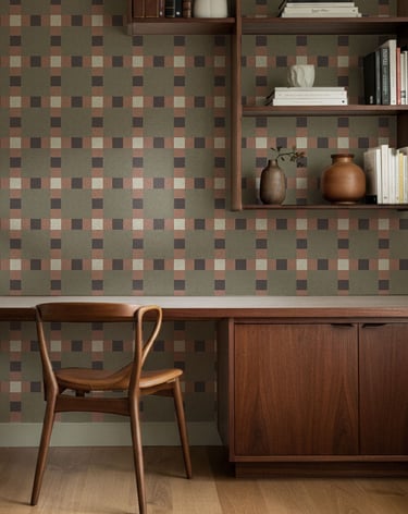 Earthy checkered geometric wallpaper with a mid-century grid pattern in muted greens and browns,