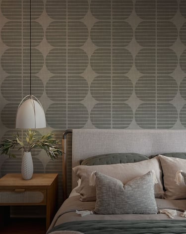 Japandi wallpaper with geometric pattern in a neutral bedroom setting.