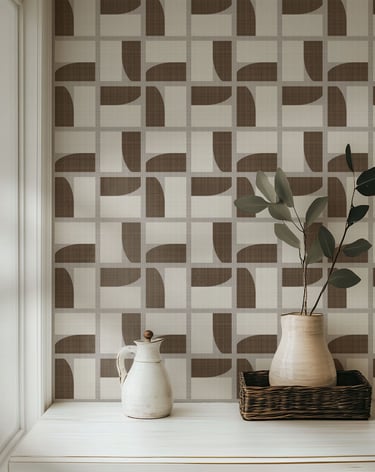 Warm earthy geometric wallpaper with a mid-century grid pattern in brown and beige tones,